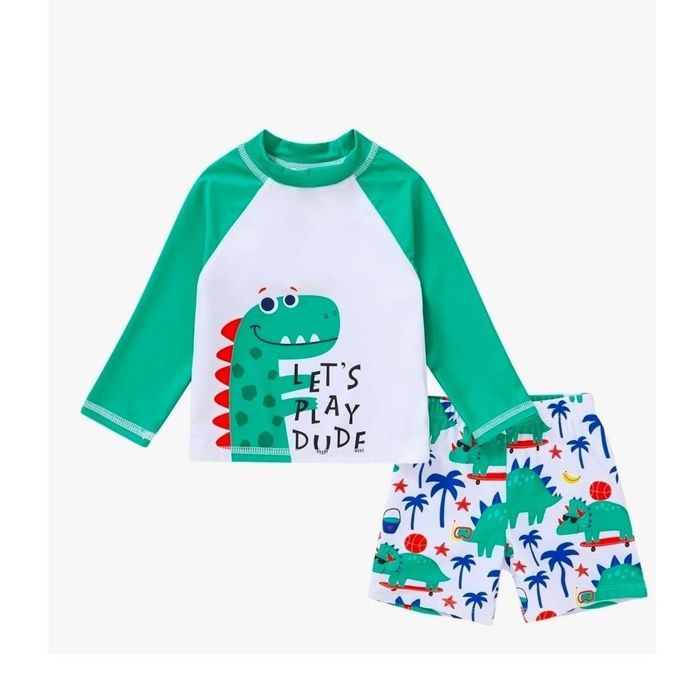 Happy Town Toddler Boys Dinosaur Rash Guard Swimsuit Set Long Sleeve2T-3T